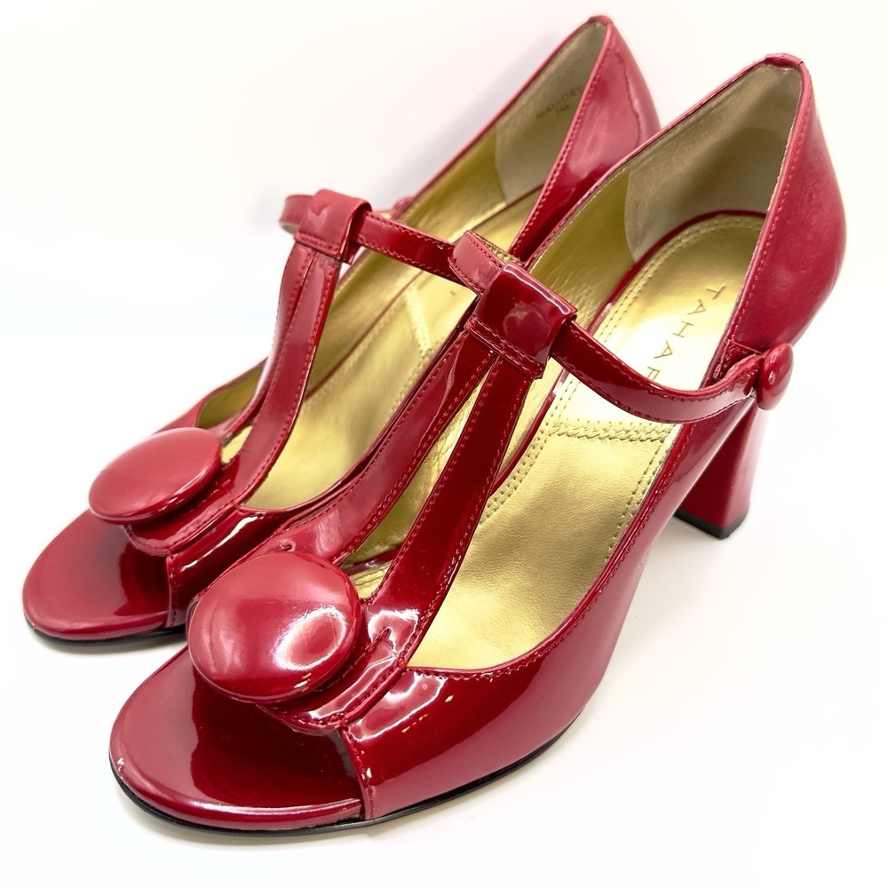 Tahari Red Patent T-Strap Heels Women's 7 Pinup Rockabilly Peeptoe Retro